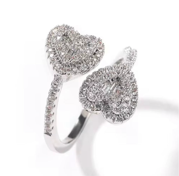 Gold Diamond Double Heart Ring