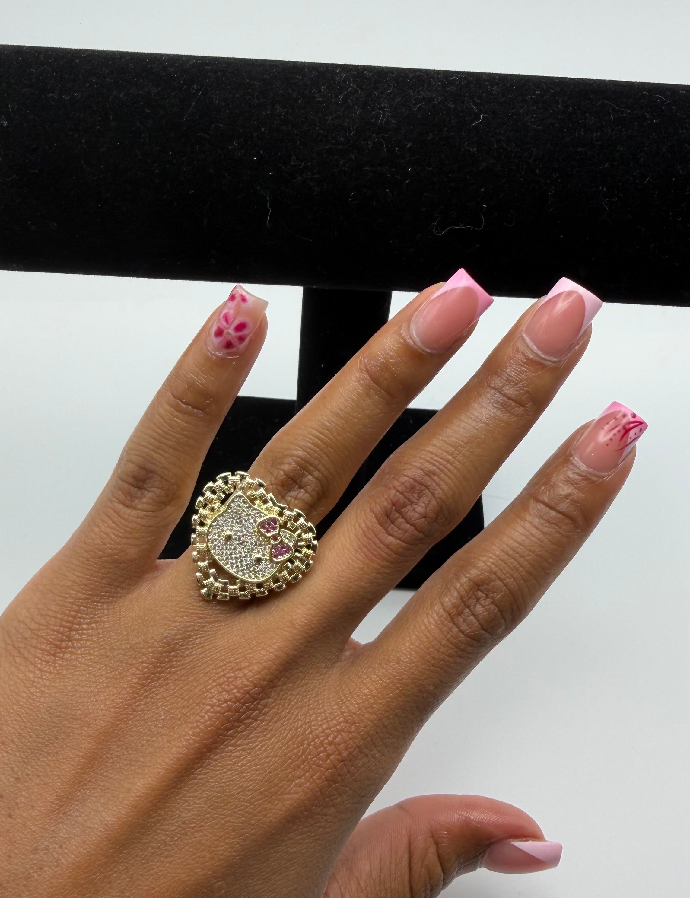 Gold nugget hello kitty heart ring