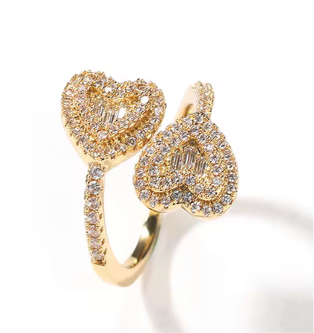Gold Diamond Double Heart Ring